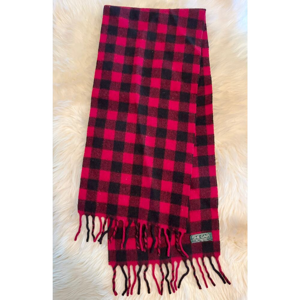 Vintage 1990s GAP Italian Lambswool Buffalo Plaid Scarf – Red Black‎ – 44"